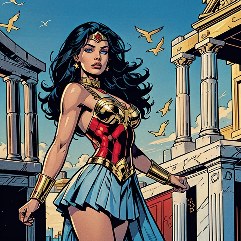 Draw a beautiful white woman, she is wearing a red greek armor with a golden bird symbol on her chest, she has a golden tiara with a red star, she is wearing a dark blue short skirt, she wears platinum bracelets on her arms, she has a long black hair, she has greyish light blue colored iris on her beautiful eyes, her face is pretty, it's daylight, there is a temple behind her, very beutiful, high resolution, 4k, 8k, masterpiece, high detailed, american comic book style image