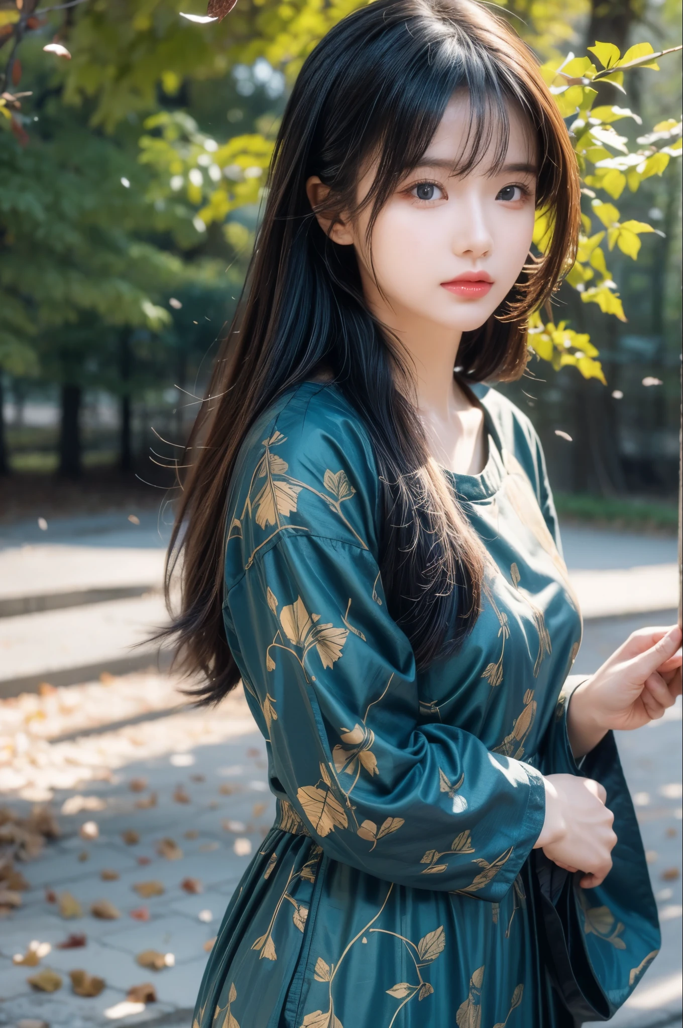 1girl, against_tree, aki_shizuha, anger_vein, autumn, autumn_leaves, bangs, bare_tree, blue_eyes, blunt_bangs, branch, night, dress, falling_leaves, forest, ginkgo_leaf, holding_leaf, lake, leaf, leaf_background, leaf_hair_ornament, leaf_on_head, leaf_print, lips, long_hair, looking_at_viewer, maple_leaf, nature, outdoors, solo, standing, stone_lantern, tree, under_tree, black hair, sensei 