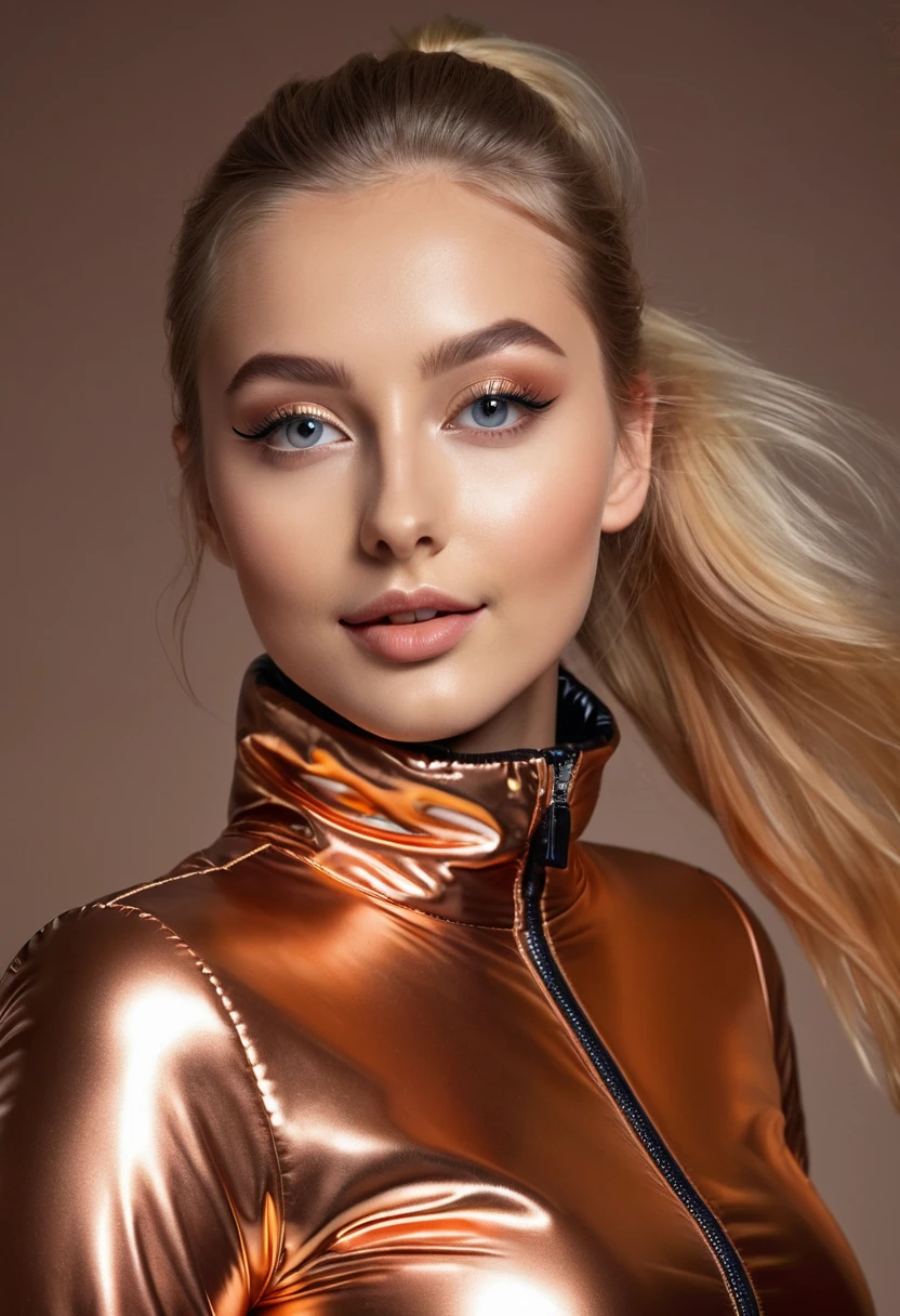 hyperrealistic beautiful 18-year-old women in shiny copper puffer jacket latex catsuit, model shooting full body photography, very long blonde straight ponytail, dark eye makeup with eyeliner, seductive smile, flashing , 8K, best quality, Meisterwerk, ultra high resolution, (Realismus: 1.4), Originalfoto, (realistische Hautstruktur: 1.3), (Filmkorn: 1.3), (Selfie-Winkel), 1 girl, Beautiful eyes and facial details, Meisterwerk, best quality