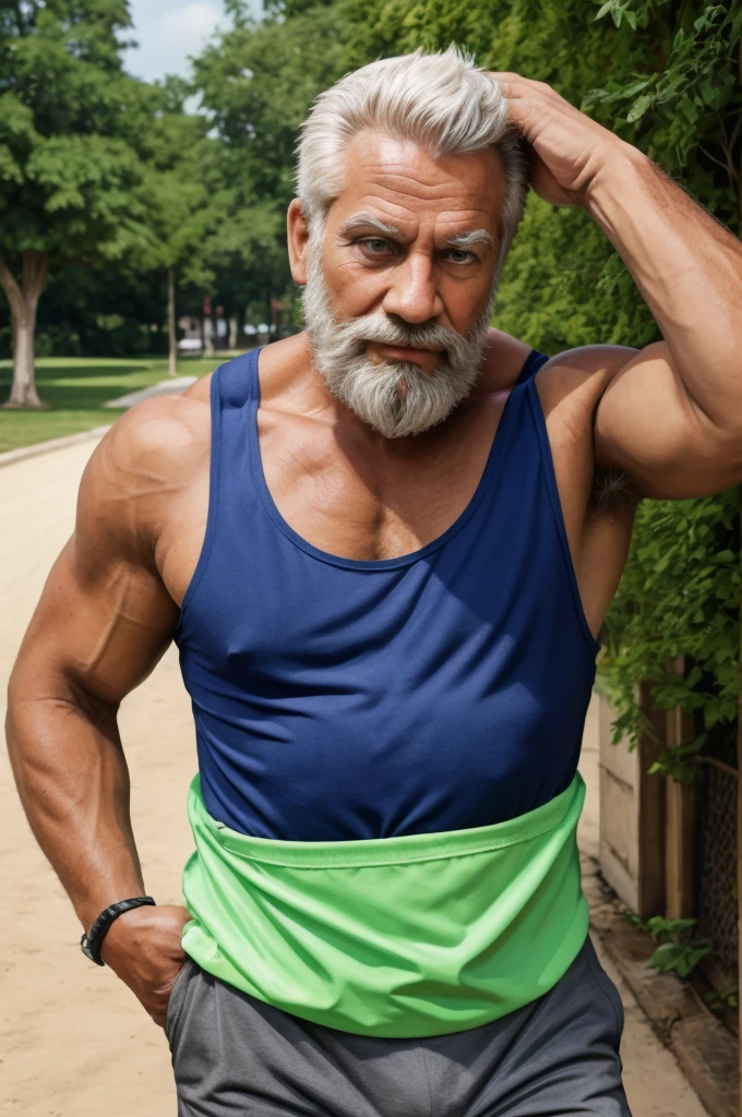(vector:2.0, mwvector), portrait, huge muscular old man in park, beard, happy, summer, tank top, detailed vector, high detail, half body, realistic, white hair