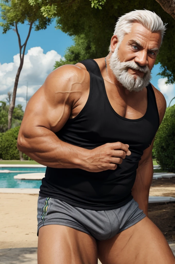 (vector:2.0, mwvector), portrait, huge muscular old man in park, beard, happy, summer, tank top, detailed vector, high detail, half body, realistic, white hair