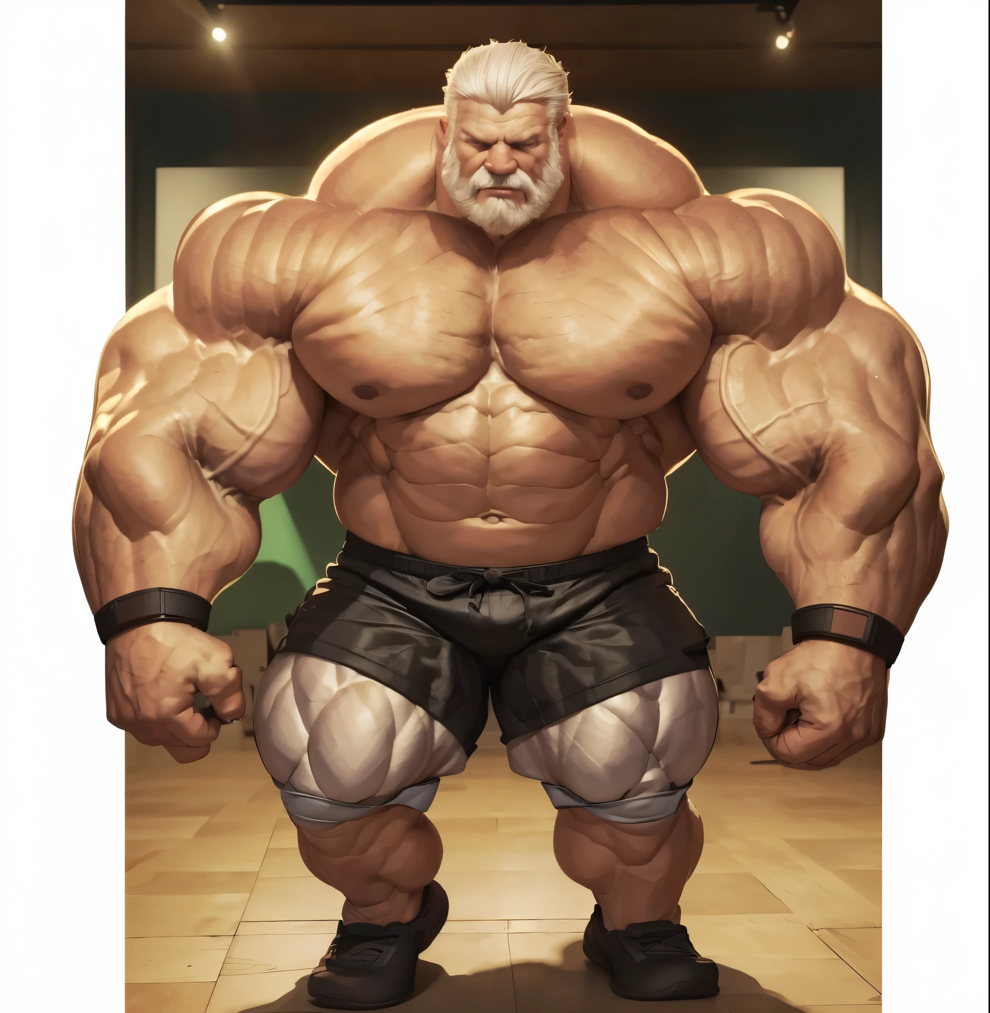Wide medium shots, ground level camera shot, (best quality,4k,8k,highres,masterpiece:1.2),ultra-detailed,(realistic,photorealistic,photo-realistic:1.37),((massive muscular)) ((huge Muscular)) old man standing in photo studio, simple background, shorts , white hair, super thick arms, super big pectoral, super wide pectoral, topless, shirtless.