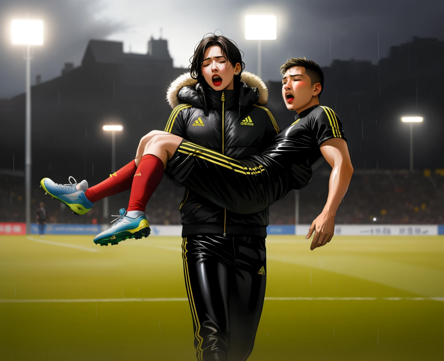 a shouting chinese womanl in a laquered and very shiny quilted coat carries a man, a chinese woman carries a male soccer player, a chinese woman carries a male soccer player in her arms, rainy weather, rainfall, humid, girl carries guy, lift and carry, an excessively madeup chinese woman in a high-shine wet black latex downcoat, a soccer scene, very matte cotton soccer sportswear on a well shaped male body, a soccer injury, first aid carry at a soccer match, a young madeup latino-girl in a shiny black vinyl downjacket, a madeup latino-girl in a shiny plastic-downcoat, a very sad and desperately crying latino-girl, an intensely madeup latino-girl in a glossy black vinyl-downcoat, latino-girl with lipstick, latino-girl with smoky eyes, dramatic action pose, woman that is carrying a skinny shorthaired man, there is a beautiful woman in a shiny coat who is carrying a shorthaired blond man in her arms, a longhaired beautiful woman in a high-shine black puffy coat, a longhaired woman in a shiny downcoat, a woman is carrying a shorthaired man who is wearing black shorts, a weak shorthaired man in black shorts is consciousless and needs to be carried, a shorthaired man with closed eyes is carried in the arms of a longhaired latino-woman, a latino-woman looks very scared and terrified, a consciousless shorthaired man with closed eyes is suffering very much and has a very painful face, photo, photo shoot, photographed, arafed man being carried by a woman, very realistic, very very realistic, hyper-realistic, hyper - realistic, hyper realistic, jacket over bare torso, very disturbing, very hyperrealistic, super realistic, hyperrealistic!, extremely realistic, very very very realistic, super-realistic realistic, super-realistictic!, extremely realistic, very very very realistic, super-realistic realistic, super-realistic