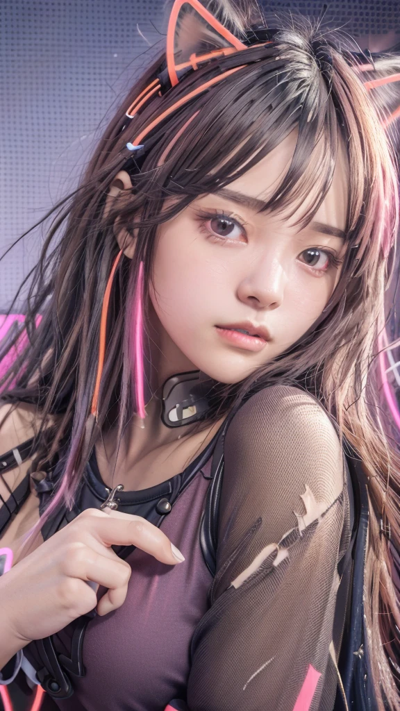 masterpiece, highest quality, Realistic, 4K, Bokeh, Awareness-raising, (1 perfect portrait of a girl), (A fascinating eye for perfect detail), Colorful Hair, (Gradient Hair), (neon pink hair:1.6), (Cat ear:1.2), Slim and tall figure, Fantasy Background, Exposed bare shoulders, Long-term alienation sleeve, lean forward a little, If you look up, hair ornaments , tilt your head slightly, , Cinema Lighting, Larger clothes, ((seductive pose)), (neon pink background:1.6), close,