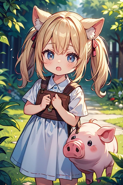 1girl, solo, (pig girl, , pig ears, pig tail:1.4), (best quality, highly detailed, masterpiece, official art, detailed eyes, deep eyes, best illustration:1.3), open mouth, blush, standing, outdoors, (very young child:1.6)