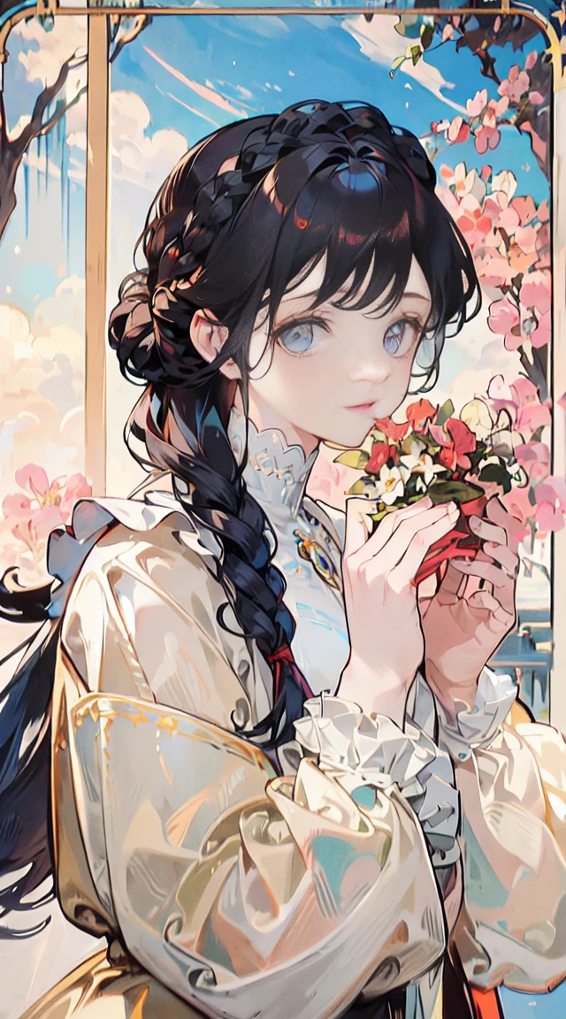(obra de arte), melhor qualidade, ultra-detalhado, illustration, luz detalhada, uma elfa extremamente delicada e linda, olhos azuis profundos, sorriso leve, (de frente), (foco facial), hands together, an aerial garden where the flowers are in full bloom, petal dancing, (beautiful hands), (perfect hands), (de cima:1.2), (asymmetrical bangs:1.2), (Artoria style braided bun), cabelo curto, cabelo loiro branco, (Bereast E-Cup:1.2), rosto e olhos altamente detalhados. por Alphonse Mucha.