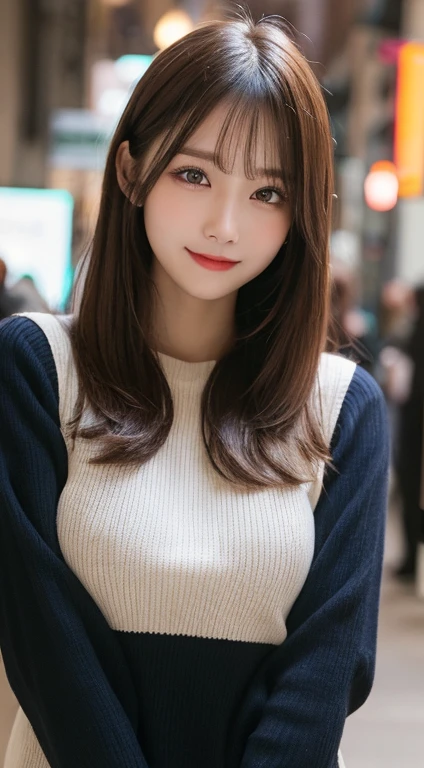 Tabletop, highest quality, shape, Very detailed, finely, High resolution, 8k wallpaper, 完璧なダイナミックな構shape, Beautiful and detailed, Winter clothes,Medium Hair, Small breasts, Natural color lip, Random sexy poses,smile,Big cities、20-year-old girl、Midnight、Beautiful and elaborate face、Perfect and beautiful face,Big eyes