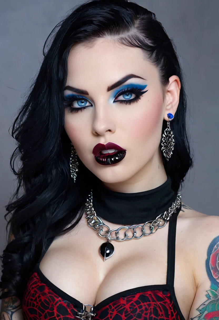 Hyper realistic photo perfect goth vampire, sexy seductive facial features, tattooed face, smooth snow white skin, thin curved black eyebrows, Black eyeliner, dark black eye shadow, neon blue eyes, crazy eyes, thick black lipstick, curved lips, extremely detailed long black wavy hair, vibrant red highlights, earrings, lip piercings, choker collar with chains, ((complete fullbody)), larg voluptuous breast,detailed small perky nipples, tattooed breast,devil tattooed Sternum underboob, tattooed stomach, slim waist, toned hips, toned thighs, tattooed back, tattooed hips, age vagina, perfect pussy, thick toned ass, demonic tattooed vagina, demonic tattooed ass,exotic fishnet, full body portrait