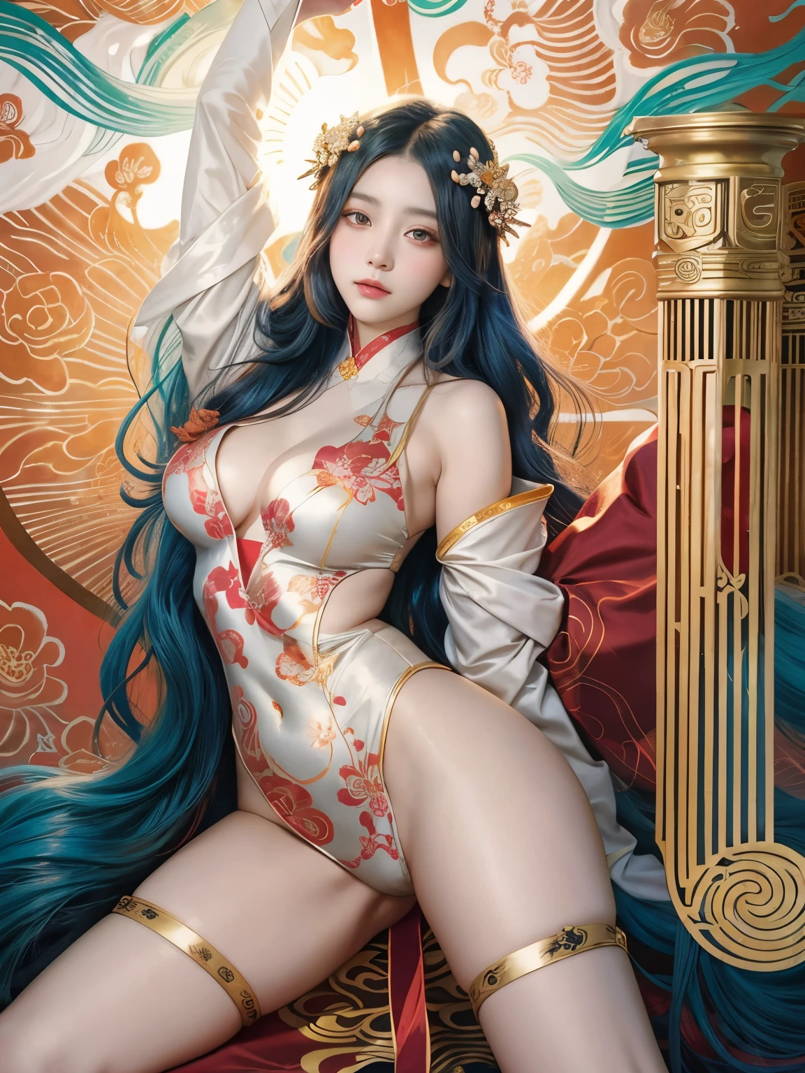 a painting of a woman with long hair and a flower in her hand, korean art nouveau anime, japanese goddess, flowing hair and long robes, anime fantasy illustration, inspired by Sōami, akira from chinese mythology, japanese art style, a beautiful kitsune woman, inspired by Nōami, inspired by Tsukioka Yoshitoshi, autumnal empress