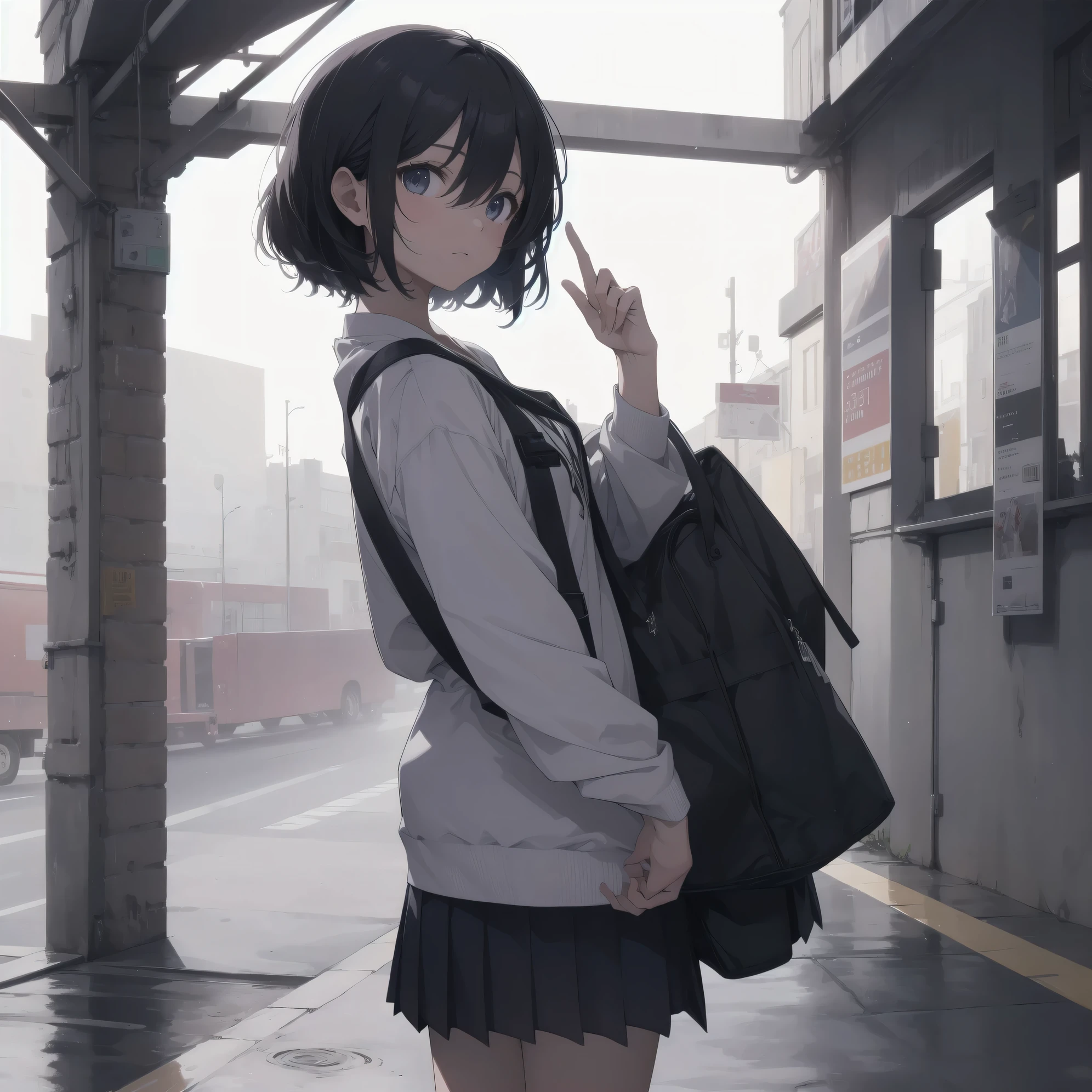 ultra-absurdres-Top quality by artist God, ultra-detailed, high resolution, anime moe artstyle, best anime 8k konachan wallpaper, pixiv contest winner,pool:2810, perfect ???????,break, 1girl, (Please draw a girl walking sleepily to school alone. )break,(Solo,little female, 13-year-old:1.3),Full limbs, complete fingers,a junior high school student,  (very short hair), short cut, flat ?????, , small ????, small black eyes, beautiful detailed eyes, well-proportioned iris and pupils, expressive eyes, highres detailed hair, soft expression, school_uniform, official_alternate_costume, pleated skirt,(Detailed Lighting), (Detailed background), in the School commute route. break,super detailed skin, Best cinematic lighting powered by famous artist, 8k,beauty illustration,photoshop_(medium),very aesthetic,break,((artist:a1_(initial-g) )), artist:akinashi yuu ,artist:oyari ashito ,artist:kantoku ,