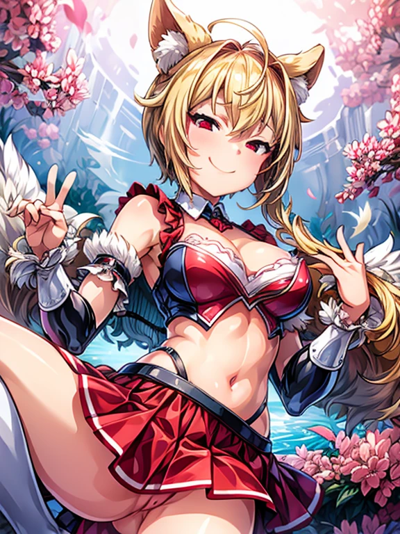 highest quality、1girl、mesugaki、Blonde、Provocative smile、Red Eyes、Charming valley、Exposed animal cosplay、Outdoor、surrounded by nature、mini skirt、Inviting Eyes、Sexual hips、Sexual breasts