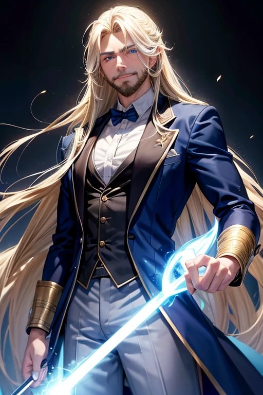 A muscular blonde haired male wizard with blue eyes with a dark beard and long hair in a student's suit is smiling while performing a spell