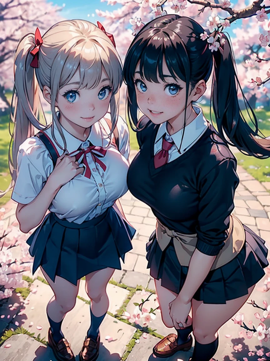 ultra-detailed, best quality, (masterpiece of photo-realistic,realism:1.2), (The two girls are standing close together, frontal body, hands up, legs apart:1.1), 20 year old, perfect eyes, (round faced:1.1), blue eyes, (black hair, bangs:1.1), straight long hair girl and twin-tails girl,(shiny pale skin:1.1), (natural breasts), (massive muscular body, abs:1.2), thick legs, (Wearing blouse and skirt,socks,loafers), ultra-detailed pussy, natural hairy pussy, (happy and big smile:1.2), perfect tooth, frontal face, frontal body, perfect body, perfect hands,(full body:1.1), (perfect hairy pussy:1.2), look at viewer, Bloom, from front, (low angle:1.2), (outdoor,Under the cherry blossom tree in full bloom, blue sky, cherry blossom petals, Sparkling: 1.2)