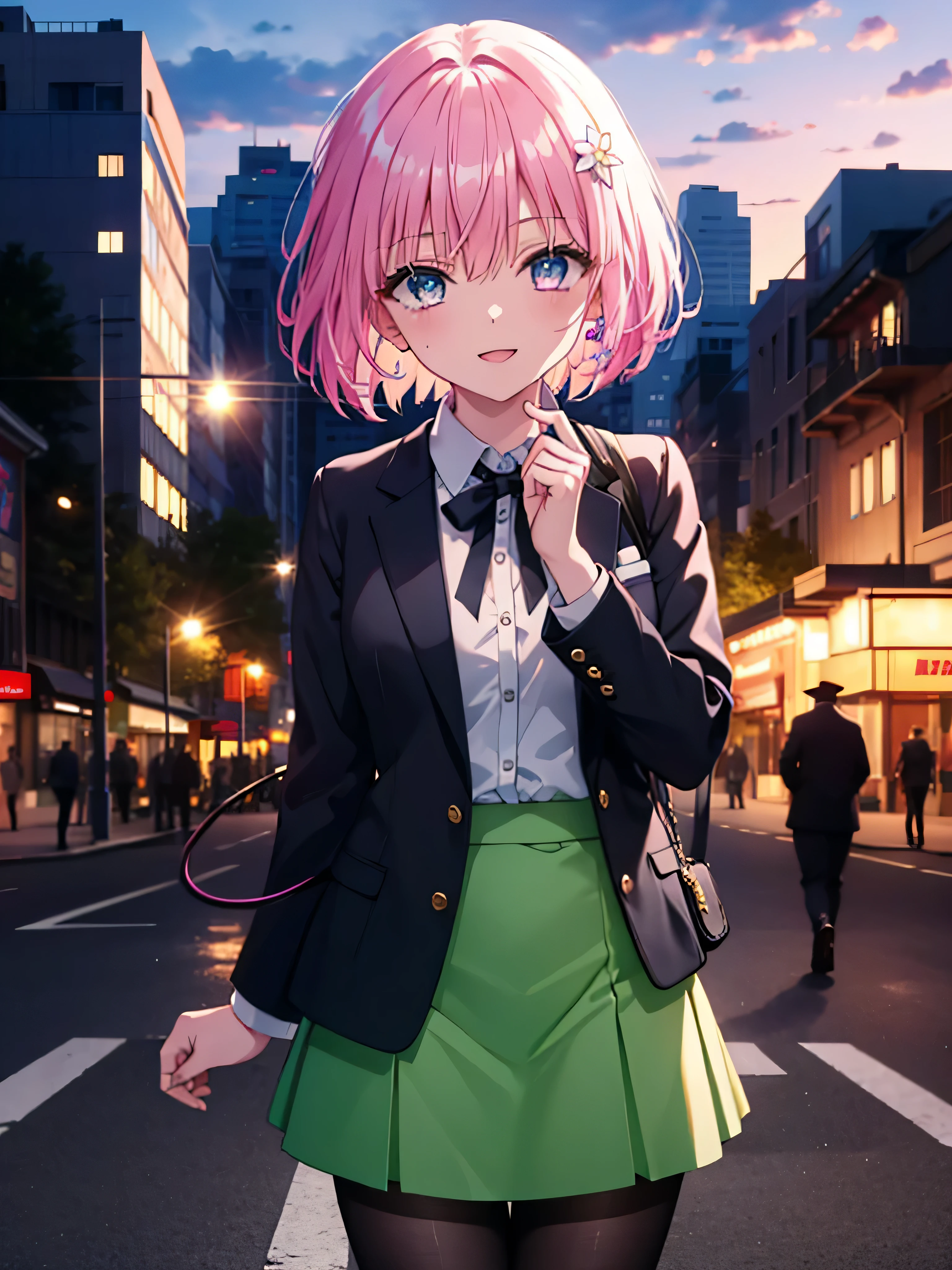 momomodel buildinguke, Deviluke Type, demon tail, Hair Flowers, hair ornaments, (Purple eyes:1.1), Pink Hair, short hair, tail, happy smile, smile, Open your mouth,
break demon tail, Green Skirt, OL, Red glasses, end, black suit jacket, Collared jacket, White dress shirt, Collared shirt, Neckline, button, strap, Black pencil skirt, Black Pantyhose,Stiletto heels,morning,morning yang,the sun is rising,City Street,
break outdoors, city,construction area,
break looking at viewer, (Cowboy Shot:1.5),
break (masterpiece:1.2), highest quality, High resolution, unity 8k wallpaper, (shape:0.8), (beautiful detailed eyes:1.6), extremely detailed face, Perfect lighting, extremely detailed CG, (Perfect hands, Perfect Anatomy),