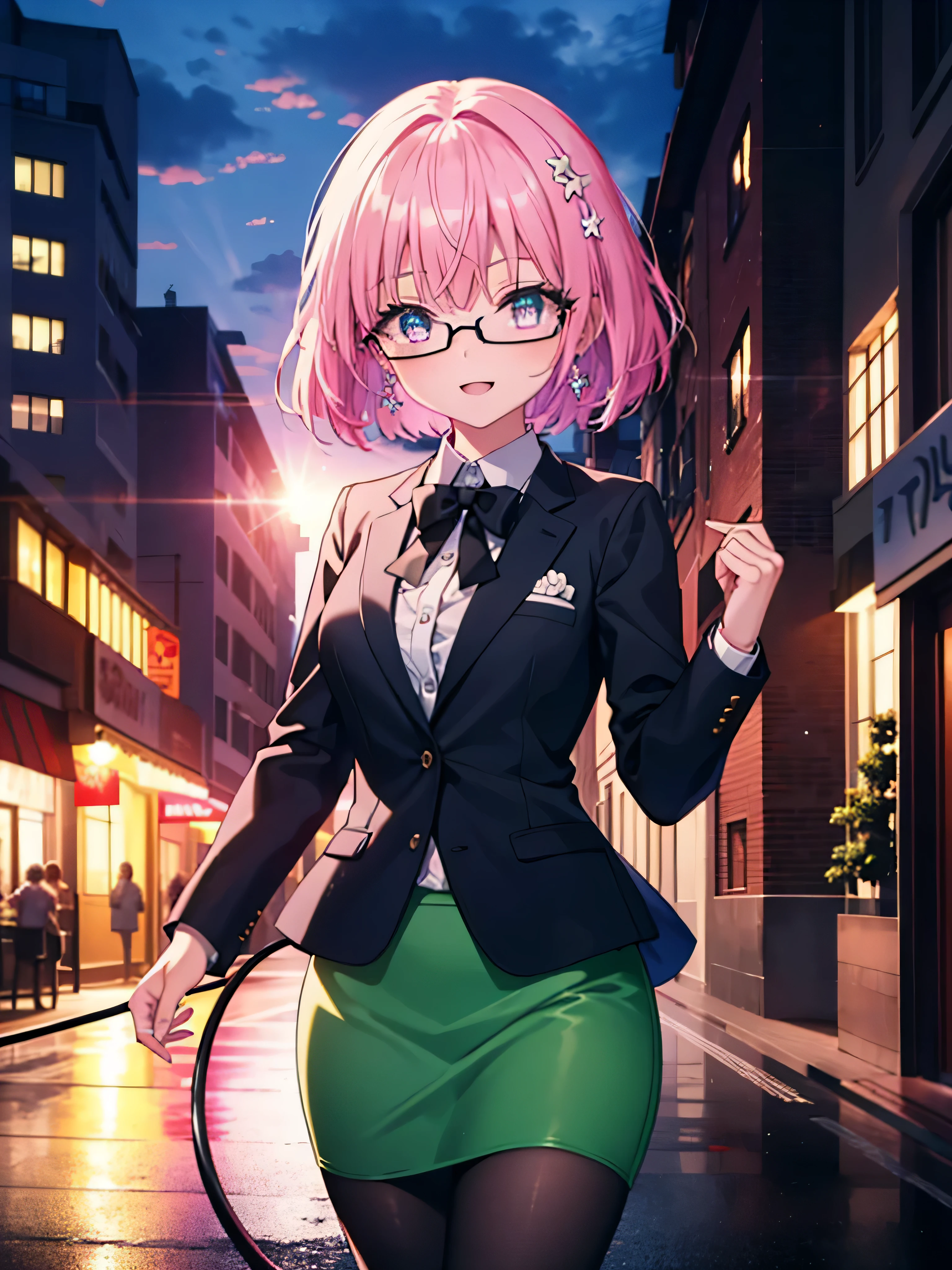 momomodel buildinguke, Deviluke Type, demon tail, Hair Flowers, hair ornaments, (Purple eyes:1.1), Pink Hair, short hair, tail, happy smile, smile, Open your mouth,
break demon tail, Green Skirt, OL, Red glasses, end, black suit jacket, Collared jacket, White dress shirt, Collared shirt, Neckline, button, strap, Black pencil skirt, Black Pantyhose,Stiletto heels,morning,morning yang,the sun is rising,City Street,
break outdoors, city,construction area,
break looking at viewer, (Cowboy Shot:1.5),
break (masterpiece:1.2), highest quality, High resolution, unity 8k wallpaper, (shape:0.8), (beautiful detailed eyes:1.6), extremely detailed face, Perfect lighting, extremely detailed CG, (Perfect hands, Perfect Anatomy),