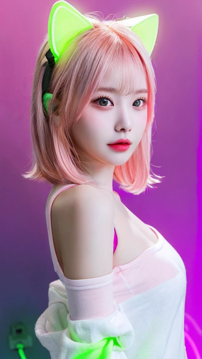 masterpiece, highest quality, 4K, Photorealistic, bokeh, enlightenment,1 perfect portrait of a girl, (A fascinating eye for perfect detail:1.2), colorful hair, (gradient hair), (neon pink hair:1.6), (Cat ear), fantasy background, (exposed bare shoulders), (long-term alienation_sleeve), (lean forward a little), If you look up,hair ornaments,{shy},please shut your mouth, head tilt, movie lighting, oversized clothes, (seductive pose:1.4), (neon pink background:1.6)