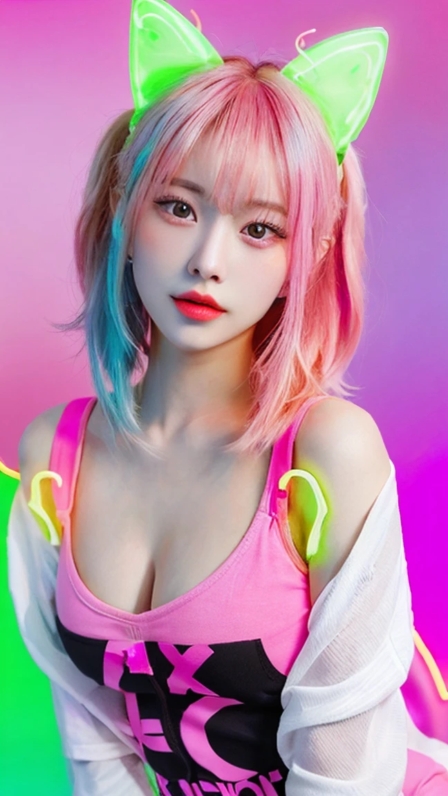 masterpiece, highest quality, 4K, Photorealistic, bokeh, enlightenment,1 perfect portrait of a girl, (A fascinating eye for perfect detail:1.2), colorful hair, (gradient hair), (neon pink hair:1.6), (Cat ear), fantasy background, (exposed bare shoulders), (long-term alienation_sleeve), (lean forward a little), If you look up,hair ornaments,{shy},please shut your mouth, head tilt, movie lighting, oversized clothes, (seductive pose:1.4), (neon pink background:1.6)