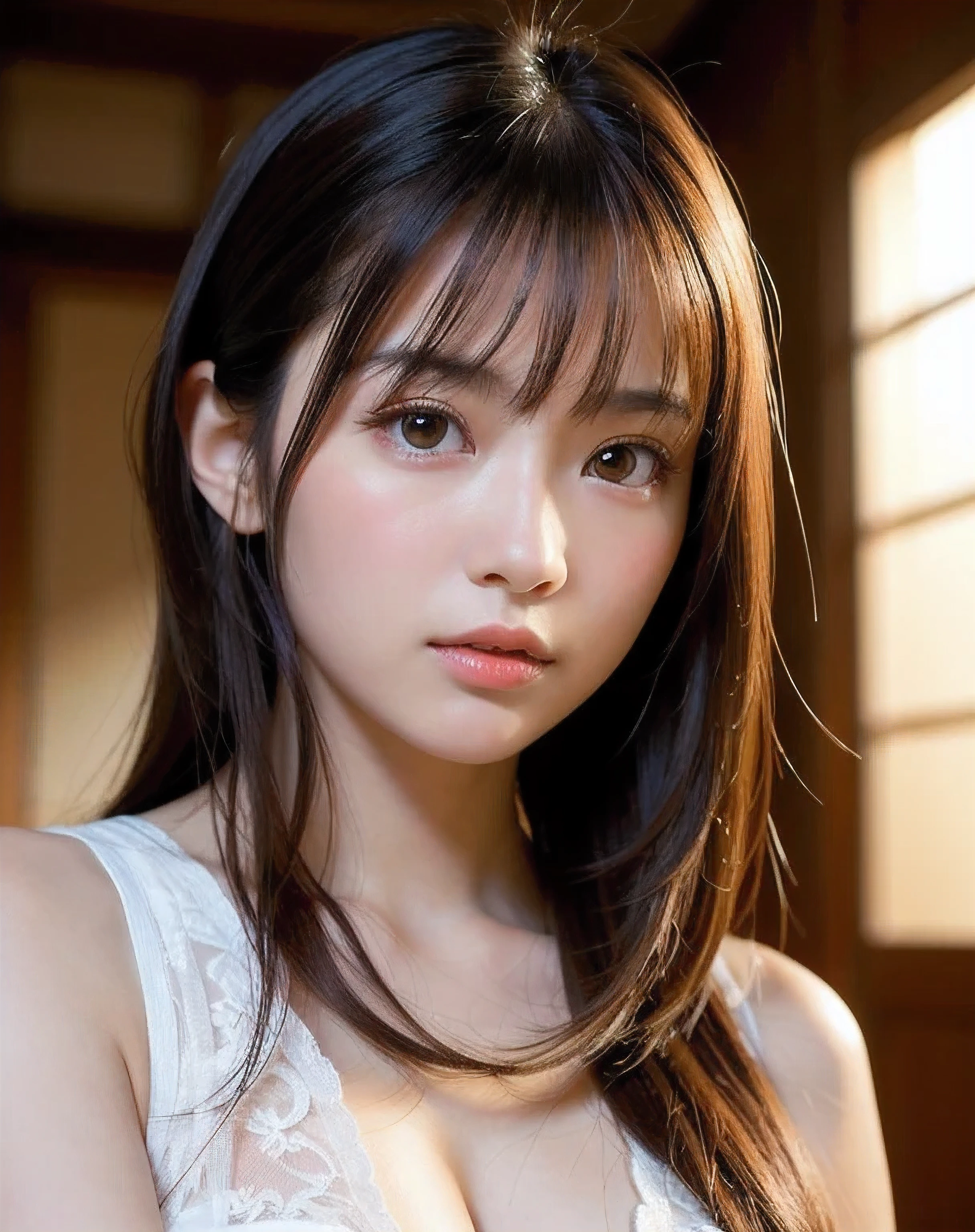 best quality, face focus, soft light, ultra high res, (photorealistic:1.4), RAW photo,
1japanese girl, solo, cute, (pupil, lights in the eyes),  detailed beautiful face, (small chest),(high resolution detail of human skin texture),
(long hair),
indoor,
Damask Shirt Dress,
(portrait)