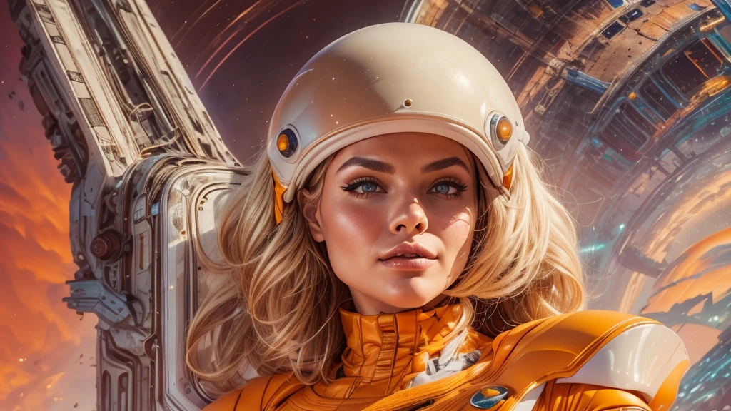 arafed image of a white woman in a futuristic suit with a spaceship in the background, movie art, in front of an orange background, inspired by Robert McGinnis, female protagonist, megastructure in the background, portrait of an ai astronaut, astronauts, an astronaut, portrait of a astronaut skeletor, perfect android girl, detailed eyes, perfectly detailed teeth, frank franzzeta and sakimichan  