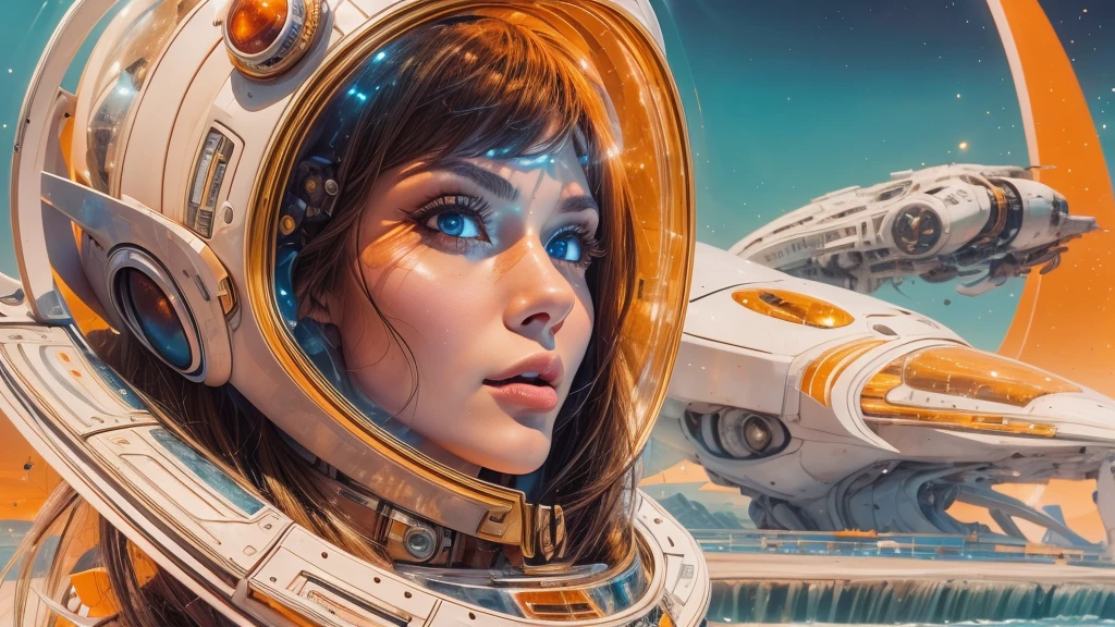 arafed image of a white woman in a futuristic suit with a spaceship in the background, movie art, in front of an orange background, inspired by Robert McGinnis, female protagonist, megastructure in the background, portrait of an ai astronaut, astronauts, an astronaut, portrait of a astronaut skeletor, perfect android girl, detailed eyes, perfectly detailed teeth, frank franzzeta and sakimichan