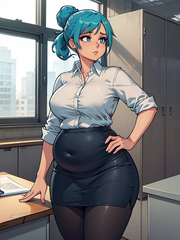 art by kipteitei, 1girl, (aqua blue hair), aqua blue hair, hair up, blue eyes, black pencil skirt, dress shirt, (black tights), (chubby), (stuffed belly), ((tight clothes)), (wide hips), standing, leaning on an office desk, fancy office background with lots of windows, (best quality, masterpiece)
