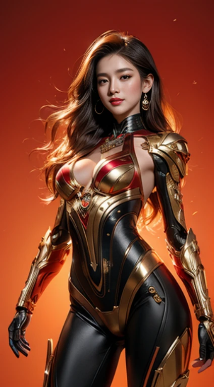 Realistic 8K visuals.Masterpiece,hips up,Complete Anatomy,Maximum details,Highest quality,The light is warm and comfortable on the eyes..,young woman with long hair, flowing hair,A sweet smile staring at me,Model poses,cybernetic robot,(ไซเบอร์พังค์redส้ม metallic-)complex machinery,A machine that glows in different colors,Mechanical radius,future world,Exaggerated,white bikini body_red_metallic gold,morning backdrop