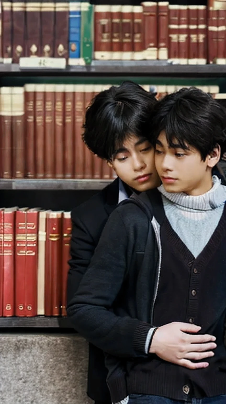 Design a realistic and evocative book cover that features two male partners embracing. They should be depicted in a genuine and heartfelt embrace, conveying a deep connection and affection between them. In the background, include a detailed depiction of a school library to set the scene. The overall design should be elegant and suitable for a world-class book cover, capturing the themes of love, acceptance, and self-discovery." 

