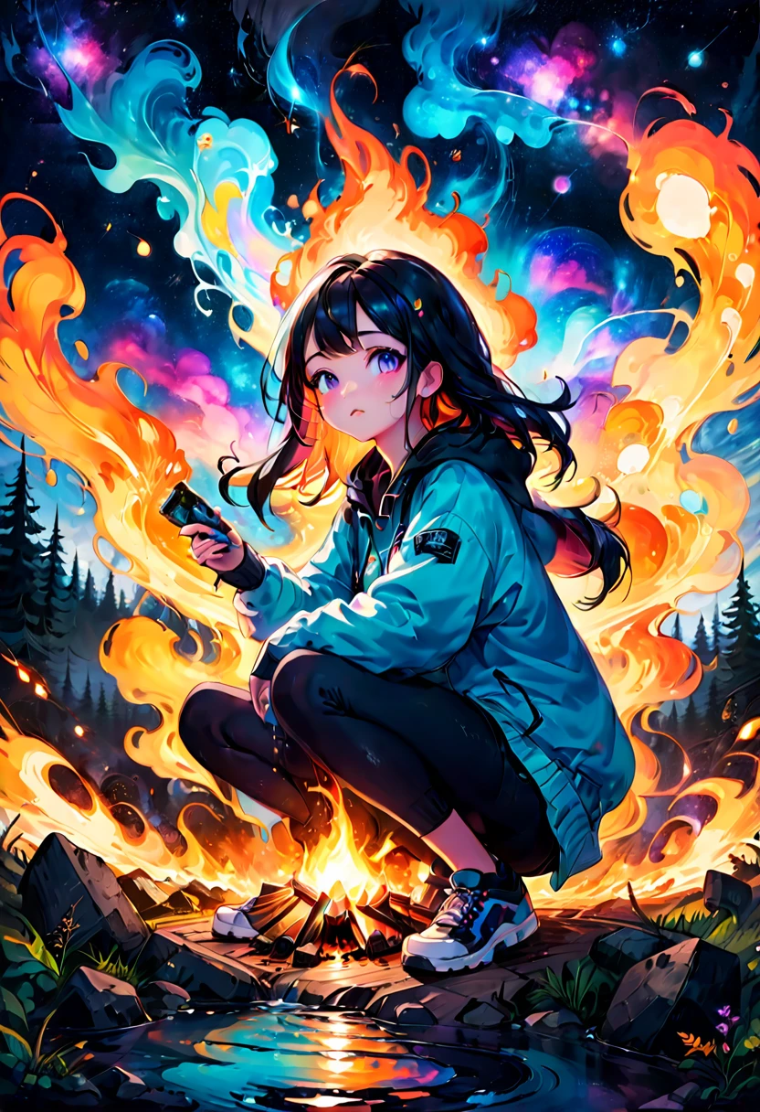 1girl, Campfire, aesthetic, Campfire in the woods at night, with nightsky of a colorful galaxy, graffiti art, splash art, street art, spray paint, oil gouache melting, acrylic, high contrast, colorful polychromatic, ultra detailed, ultra quality, CGSociety