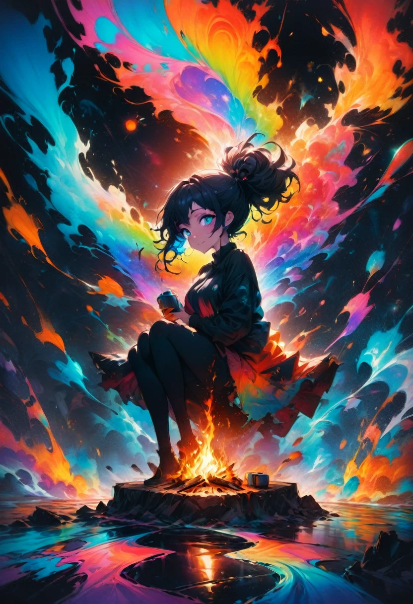 1girl, Campfire, aesthetic, Campfire in the woods at night, with nightsky of a colorful galaxy, graffiti art, splash art, street art, spray paint, oil gouache melting, acrylic, high contrast, colorful polychromatic, ultra detailed, ultra quality, CGSociety