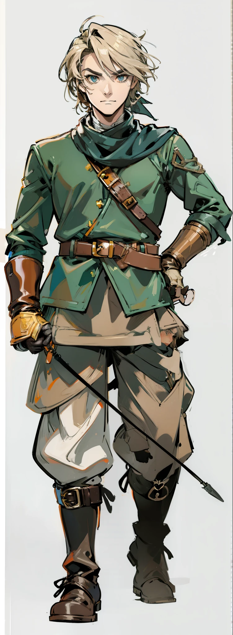 (Link:1)(Warrior:1), (adult man:1.33), standing, full body, leather combat boots, beige pants, dark black gloves , (narrow eyebrows:0.33), (confident:1.4), (smiling:0.4), (clenching fists:0.33), scarf, holding riding crop,male,confident,strong,tall, from_below, dominant,bdsm,evil,staring