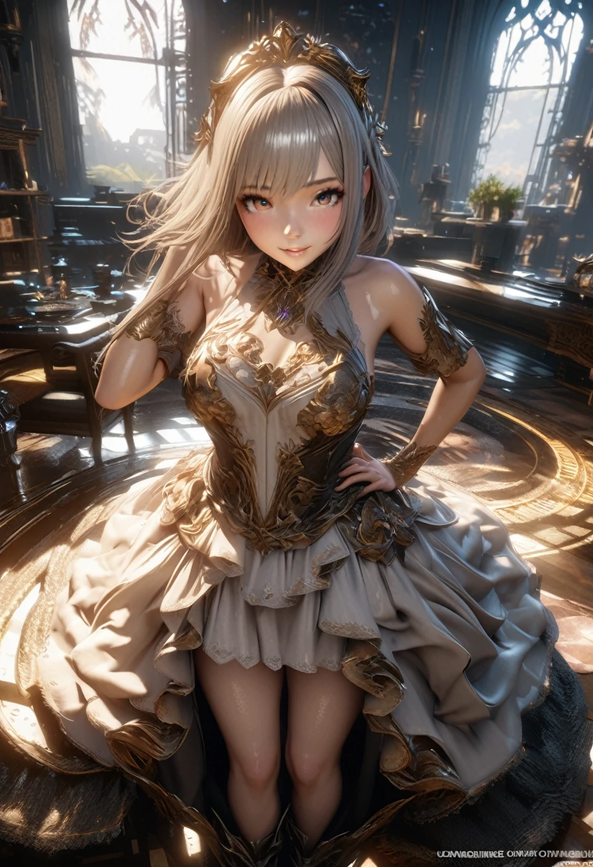 best quality, top quality, ultra detailed, highres, high-resolution, HDR, 4k, 8k, unity 8k wallpaper, extremely detailed CG, masterpiece, realistic, photorealistic, 2D, 3D, beautiful detailed, depth, fine-textured, super fine, perfectly focused, crisp.skin, The girl leans fcupbeast slightly to one side, holding the hem of her skirt with one hand and resting the other hand on her hip, wearing a gentle smile. Her posture is relaxed, forming an elegant curve. Additionally, her gaze is directed downward toward her skirt, showing a hint of curiosity. This pose suggests that she is enjoying herself and feeling playful, as if exploring her own little world. Computer graphic art with high resolution, top quality, full-body, 8K character concepts, 16K, on Pixiv, illustrations, ultra-fine, ultra-fine facial details, megapixels, ultra-fine HDR, clear, excessively ornate,skin,Smooth curves and adjusted light opacity ,unreal engine 5,