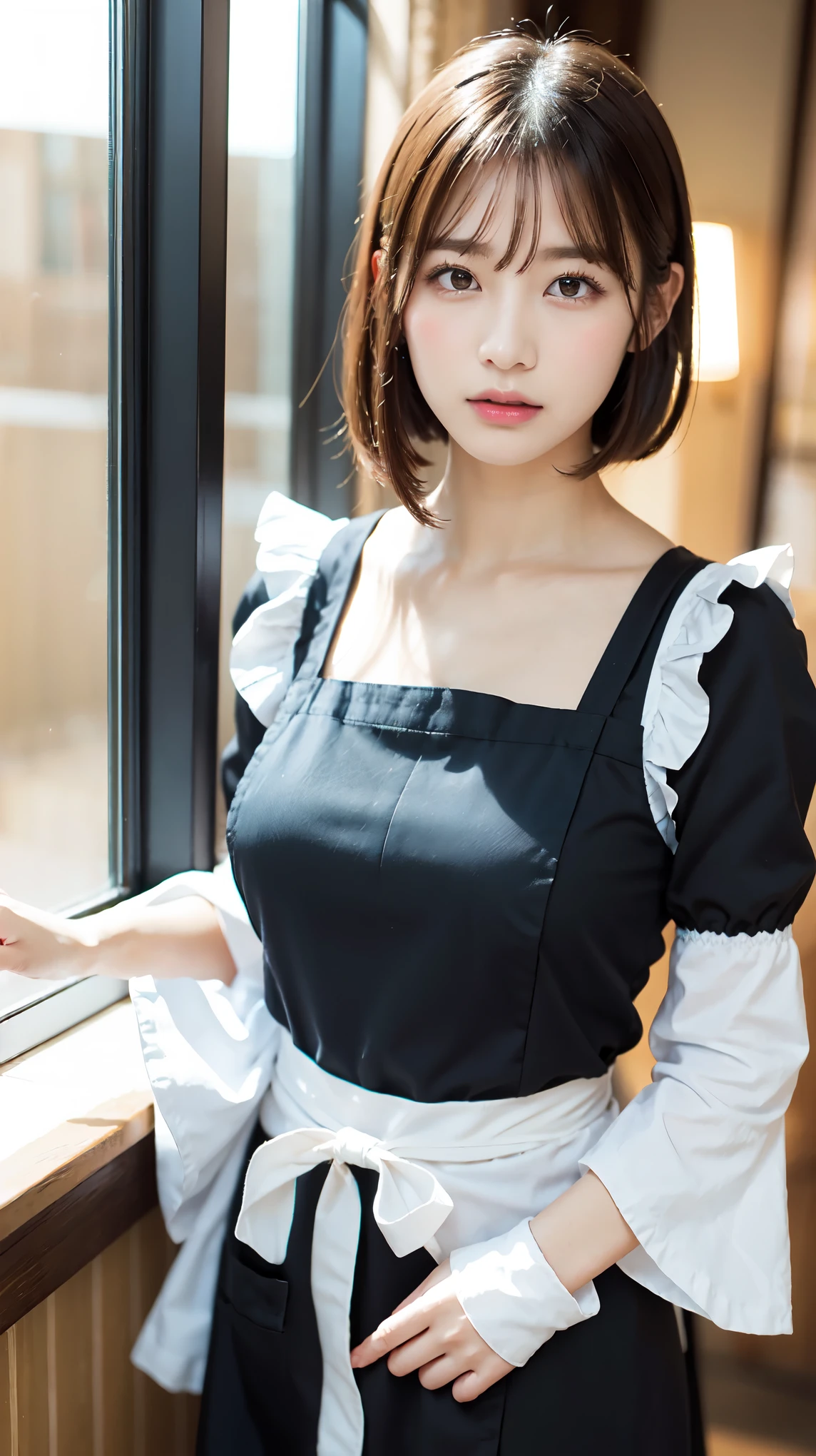 One Girl, apron, Black dress, blush, Braiding, dress, Eyebrows visible through hair, Big Breasts, valley, My chest is exposed, Beautiful nipples, Frills, gloves, Hair between the eyes, jewelry, Juliet Sleeve, Long sleeve, Maid, Maid apron, Maidの頭飾り, Puffy sleeves, short hair, White apron, Changing clothes, window, Huge 、Nogizaka Idol、Korean Idol、Gravure idol pose、actress、Age 25、expensive、Cafe、restaurant, Official Art,Highly detailed CG Unity 8k wallpaper, (masterpiece:1.0),(highest quality:1.0), photo shoot, 8k, Browsing Caution, High resolution, Kodak Portrait 400, Film Grain, Lens flare brilliance,Show Viewer