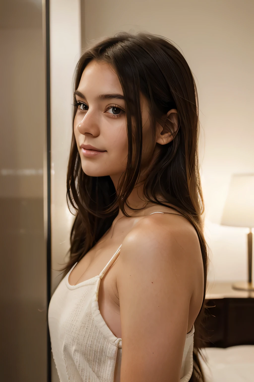 Young girl in half-profile with long dark hair, looks slightly to the side, chin up, The girl has an attractive look , fascinating, Stylish, like from a magazine cover, a half smile on your face, she is sideways to us, clear facial features, clear facial proportions