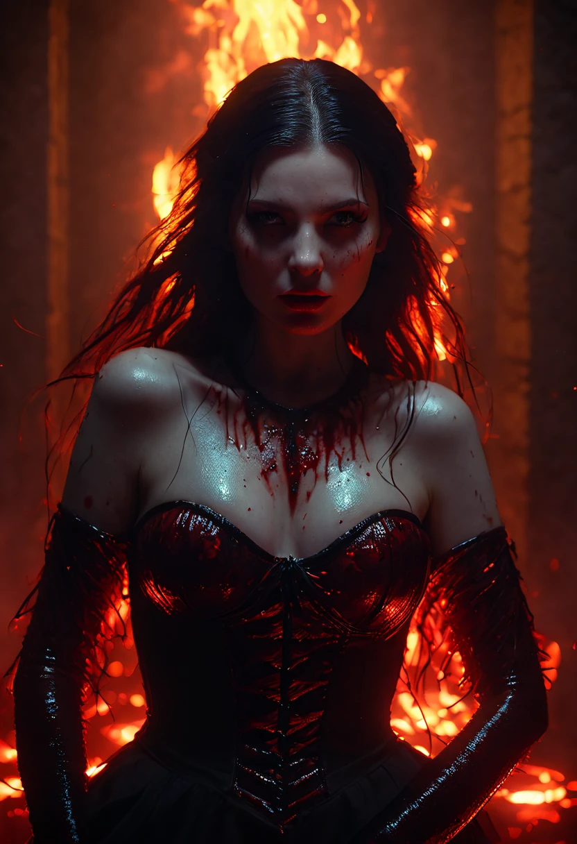 A lilith in the style of D14bl0 dramatic lights red leeches fire cinematic blood