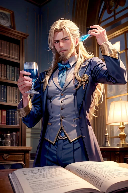 A muscular blonde haired male wizard with blue eyes with a dark beard and long hair in a student's suit is examining a potion in the early morning light