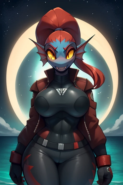 By bebebebebe, by lostgoose, by goonie-san, solo, female, ((shark)), ((snout, hair)), smirking wildly, toothy grin, glowing yellow eyeidnight, starry sky, dark lighting, dramatic shadows)), tall, massive, (looking down at viewer, reaching down towards viewer), big breasts, wetsuit, ((in ocean)),  poison, Red hair, wearing a ((jacket)) with a smoke pattern on it, in black pants, hands in bandages, (((MMA fighter))),  in anime style, ((undyne)) , huge pumped up muscular ,  ((в силовой броне sister of battle)), warhammer 40k, (aesthetics of the female body, Full-length front view)