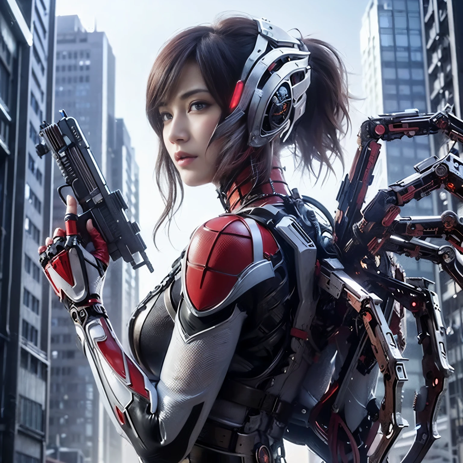 (top-quality:1.2, masterpiece)、ultra high resolution、extremely ultra surrealism, (Photorealsitic:1.4)、Raw photo、(Steampunk Battle Cyborg fallen angel)、large bat wings made of metal、black porcelain body、red hair、glowy skin、1 Cyborg girl、(mechanical frame:1.3)japanese, extremely cute face, ((super realistic details))、portrait、globalillumination、Shadow、octan render、8K、ultrasharp、character edge light、Details of complex ornaments、Acrylic Clear Cover、Sumerian details、Hydraulic cylinder、Small LED lamp、highly intricate detail、Realistic light、a purple eye、radiant eyes、Facing the camera、neon details、cowboy shot、Futuristic headgear、About Cyberpunk