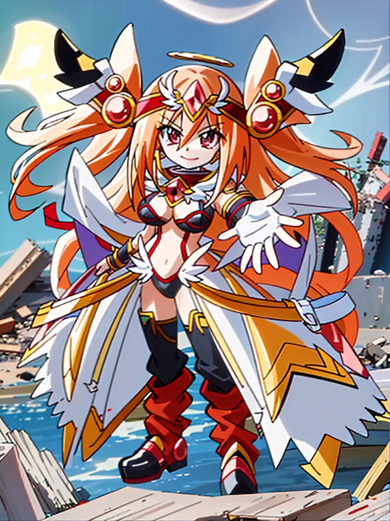 eris-redf, cowboy shot,, hyper detailed,smile,perfect anatomy, highest quality,(A girl greets dawn on a pile of rubble:1.2),(in heat:1.4),(looking at viewer:1.2),(reach out your hand:1.4)、look at me lovingly