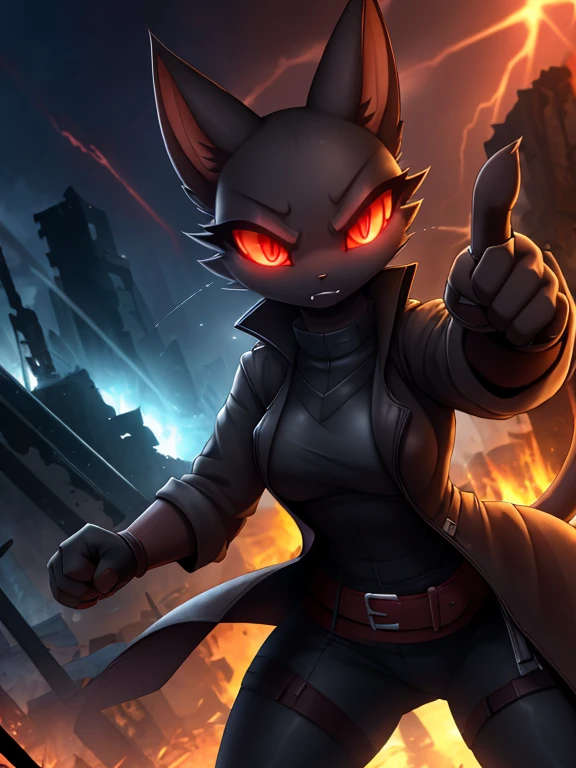 1 girl, 8k, artstation, ((masterpiece)), depth of field, face portrait, (cat ears), very shadowy, glowing red eyes, darkness, nighttime, very dark, emerging from darkness, angry expression, (action shot), cinematic, fingerless gloves, trench coat, distant explosions, ruined cityscape, ruins background, pointing towards viewer, pointing upwards