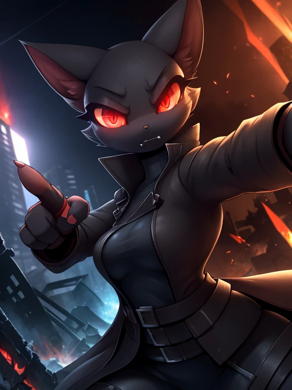 1 girl, 8k, artstation, ((masterpiece)), depth of field, face portrait, (cat ears), very shadowy, glowing red eyes, darkness, nighttime, very dark, emerging from darkness, angry expression, (action shot), cinematic, fingerless gloves, trench coat, distant explosions, ruined cityscape, ruins background, pointing towards viewer, pointing upwards