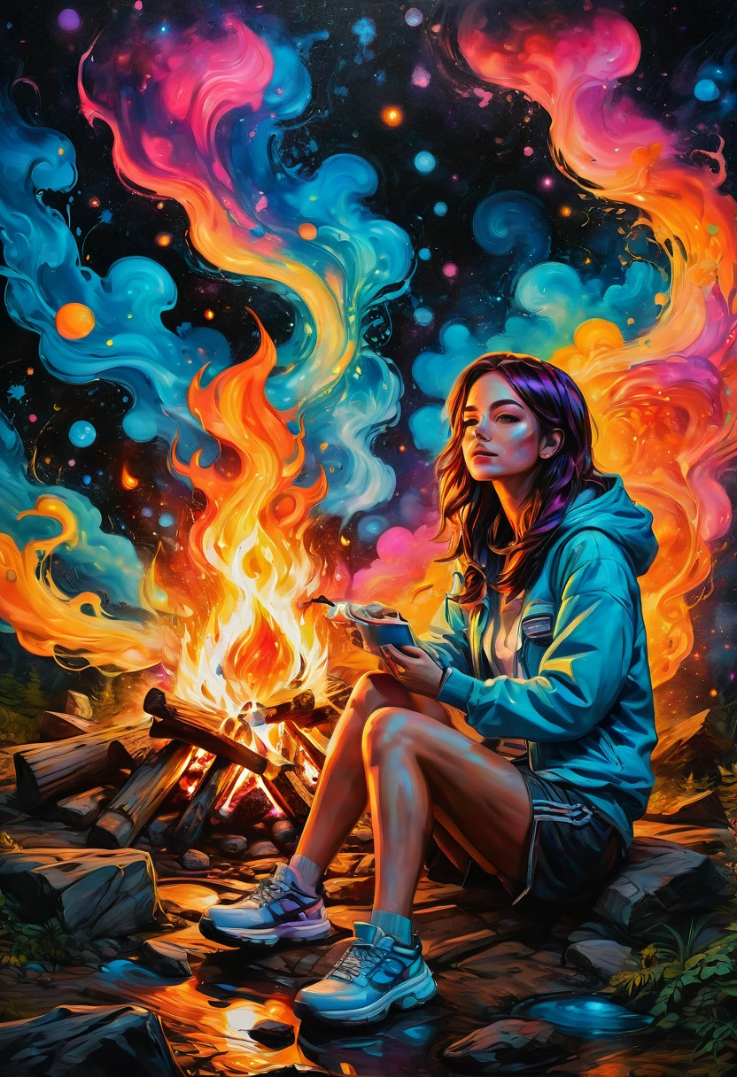 1girl, Campfire, aesthetic, Campfire in the woods at night, with nightsky of a colorful galaxy, graffiti art, splash art, street art, spray paint, oil gouache melting, acrylic, high contrast, colorful polychromatic, ultra detailed, ultra quality, CGSociety