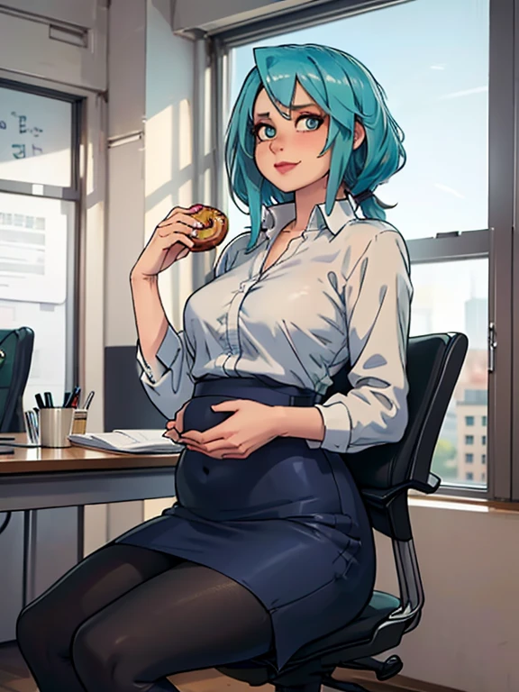 The art of kipteitei, 1 Girl, (Aqua blue hair), hair, blue eyes, Black pencil skirt, Dress Shirts, (Black pantyhose), Happy expression, (Skinny), [Full belly], (Take the doughnut), sitting in office, Leaning back in a chair, Fancy office background with many windows, (best quality, masterpiece)

