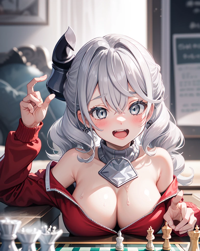 highest quality,((highest quality)),((Tabletop)),((Perfect Face)),1 girl,(Background Blur), One girl, labrynth, Silver Hair, Grey Eyes, big breasts, Wearing a red tracksuit and,Detailed, ５Finger, 五Fingerの手, Cleavage,A refined laugh, Exquisite, blush,　Playing chess,　Half naked, Light on the face