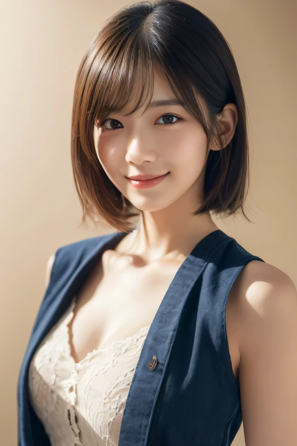 1 girl, (Wear a fashionable light-colored spring outfit:1.2), Very beautiful Japanese idol portraits, 
(RAW Photos, highest quality), (Realistic, Photorealistic:1.4), (masterpiece), 
Very delicate and beautiful, Very detailed, 2k wallpaper, wonderful, finely, very detailed CG Unity 8k wallpaper, Very detailed, High resolution, Soft Light, 
Beautiful detailed girl, Very detailed目と顔, Beautiful and detailed nose, finely beautiful eyes, Cinema Lighting, 
(Simple background in bright colors:1.3),
(Semi-short hair), 
Complete Anatomy, Slender body, Small breasts, smile