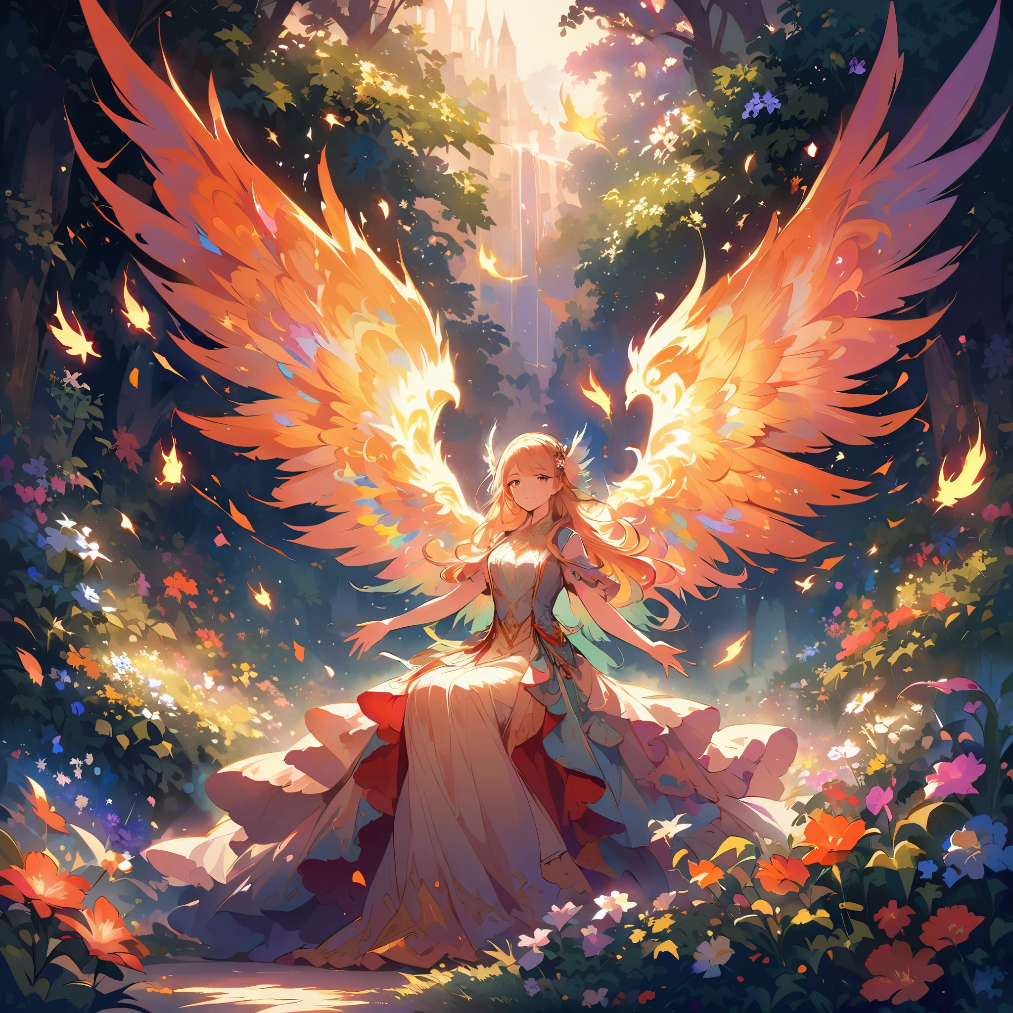 the middle of a serene night, a majestic phoenix emerging from the Campfire descends, flaming wings with intricate details and vibrant colors, feathers softly glowing with warm hues, eyes glowing with intense light, feathers softly glowing with warm hues, wings spreading wide in mid-flight, radiating fiery energy, surrounded by a peaceful garden with lush greenery and blooming flowers, illuminated by the soft glow of moonlight casting gentle shadows, creating a magical and ethereal ambiance