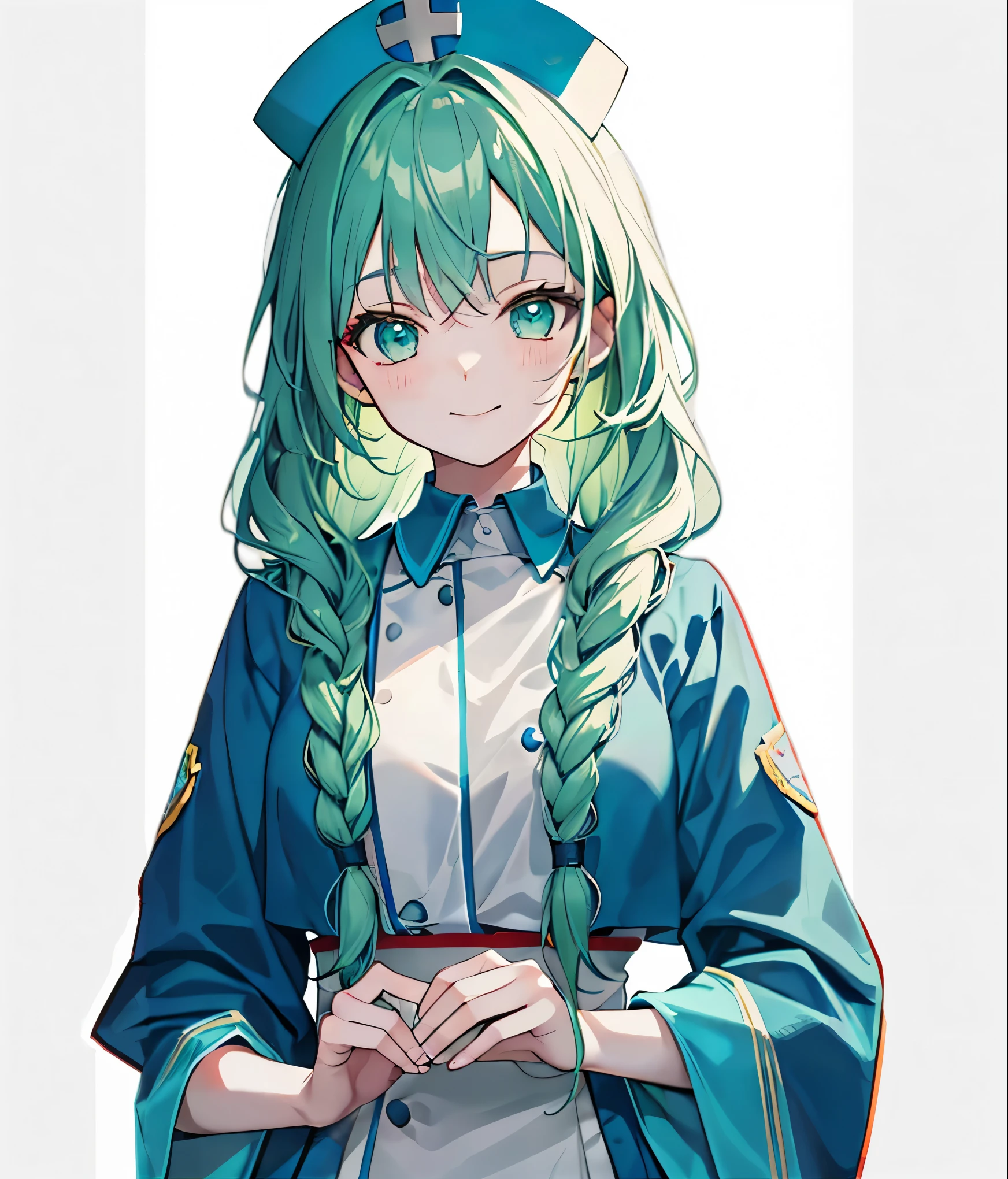 Green-haired girl, braids hair, ((reclusive)), magical girl, pre-cure, (((white background))), one girl, 16 years old, mature, healing, wizard, recovery, quiet, nurse, smiling, nurse cap, small breasts