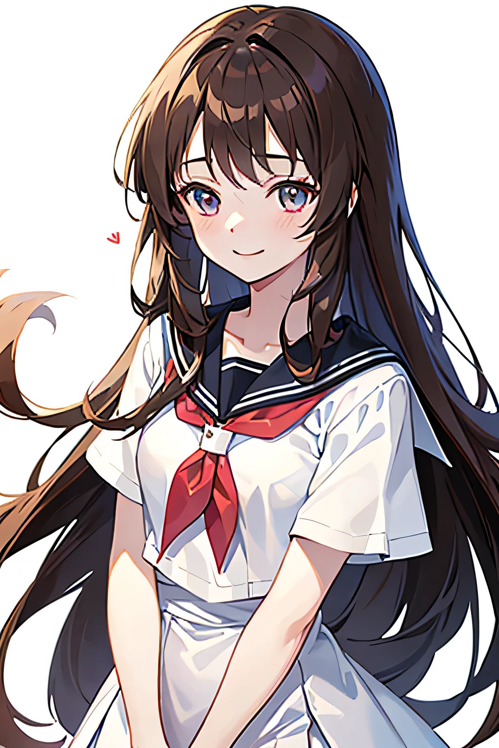 brown-haired girl, long hair, ((reclusive)), magical girl, pre-cure, (((white background))), one girl, 16 years old, mature, healing, student, recovery, quiet, smiling, small breasts, sailor suit