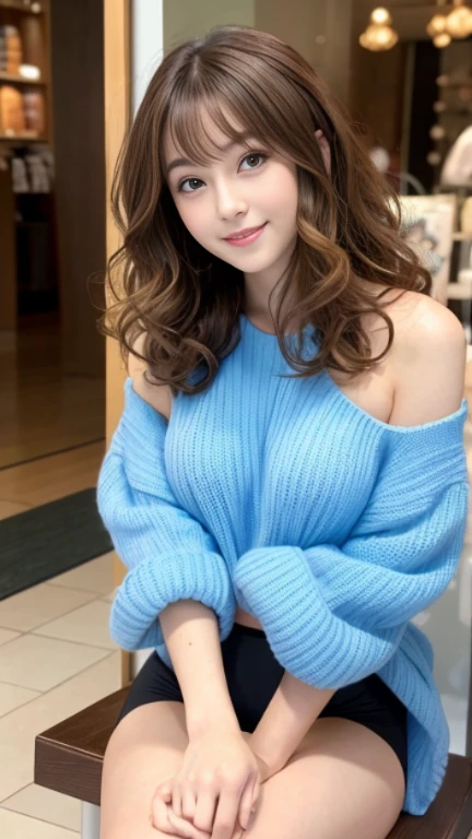 highest quality，masterpiece，超A high resolution，RAW Photos，One Girl，Loose perm hair、length、brown hair、Arms crossed、Japanese、Loose perm hair、length、brown hair、smile、Arms crossed、Professional photography、Same skin type as humans、A woman dressed in Japan from head to toe、Blur the background、Anatomical accuracy、Very detailed and beautiful、Ultra HD、length、Her hair is flowing and sexy、Very detailed beautiful girl、Shoulder-length hair、sweater、shopping、window shopping、Inside a store that sells underwear、big mirror