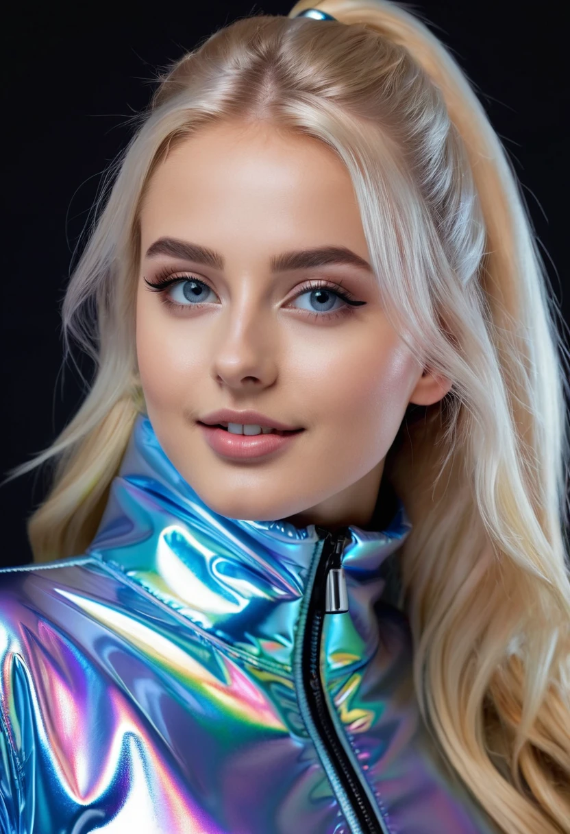 hyperrealistic beautiful 18-year-old women in shiny holographic puffer jacket latex catsuit, model shooting full body photography, very long blonde straight ponytail, dark eye makeup with eyeliner, seductive smile, flashing , 8K, best quality, Meisterwerk, ultra high resolution, (Realismus: 1.4), Originalfoto, (realistische Hautstruktur: 1.3), (Filmkorn: 1.3), (Selfie-Winkel), 1 girl, Beautiful eyes and facial details, Meisterwerk, best quality