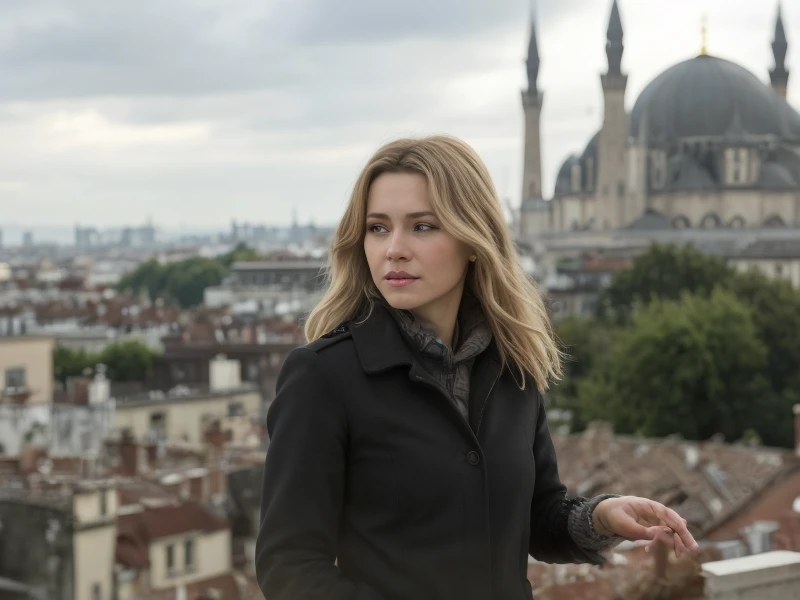 (best quality,4k,8k,highres,masterpiece:1.2),ultra-detailed,(realistic,photorealistic,photo-realistic:1.37), blond, beautiful Alafide woman standing on the rooftop overlooking the city's skyline, Victoria Gavriilenko, Sofia Melechenko, Anastasiia Ovchinnikova, Oliya Bosak, Ekaterina Adudova, Dashataran, Yelena Belova, Seryna Marion, by Emma Andijewska, profile picture, Niltoroni